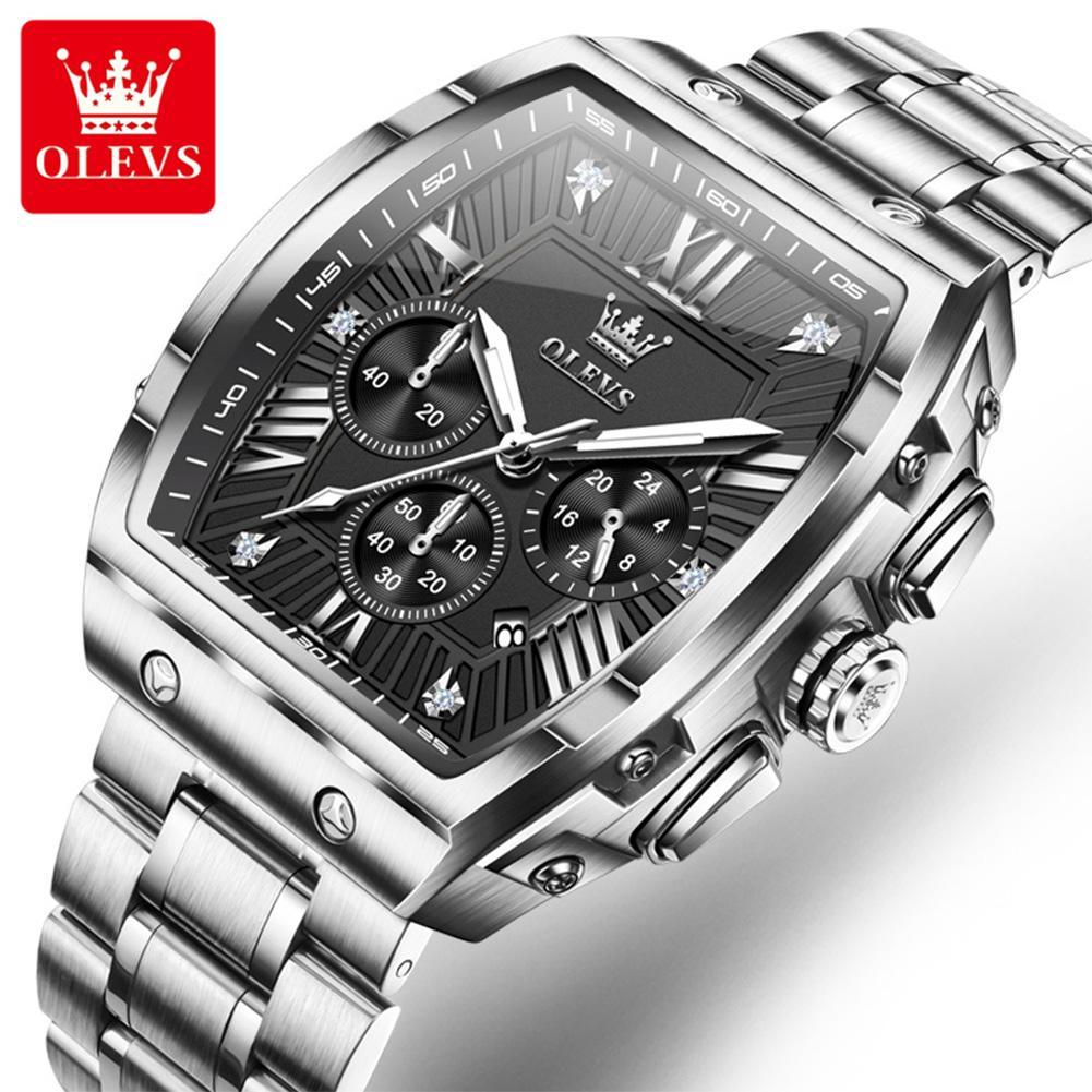 Tonneau Chronograph Men's Watches 30m Waterproof Quartz Original Wristwatch Stainless Steel Luminous Watch