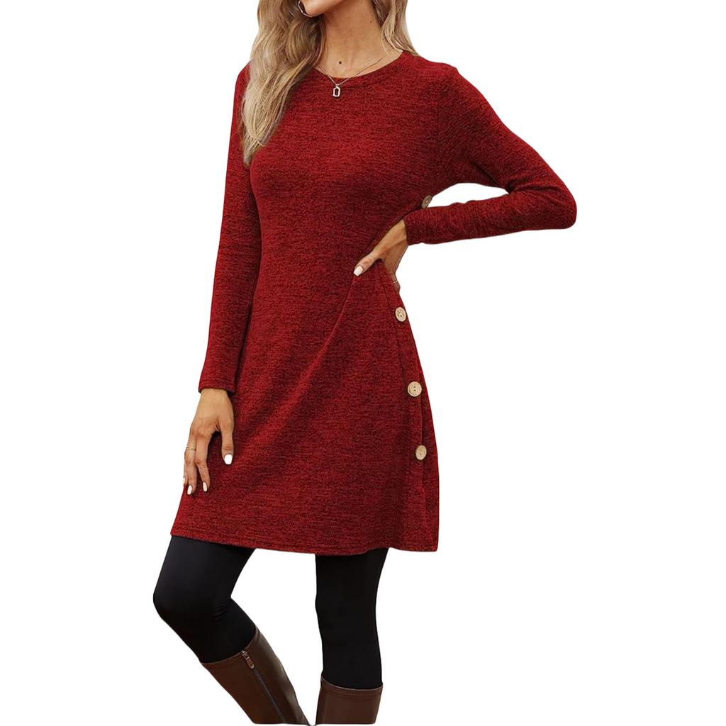 Женское повседневное платье с круглым вырезом, разрезом по подолу и длинными рукавами