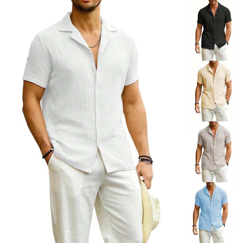 Мужская модная рубашка с воротником, однотонная, повседневная, с короткими рукавами