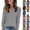 Women's Fashion Solid Color V-Neck Button Loose Long Sleeve T-Shirt Top