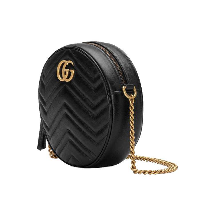 Gucci GG Marmont Black Quilted Leather Round Camera Bag With Gold Chain Hardware For Women Daily Use
