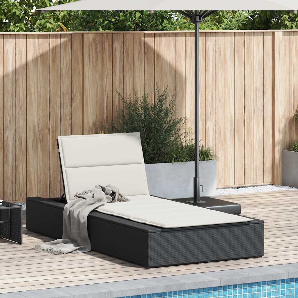 Sun Lounger with Floating Cushion Black Poly Rattan