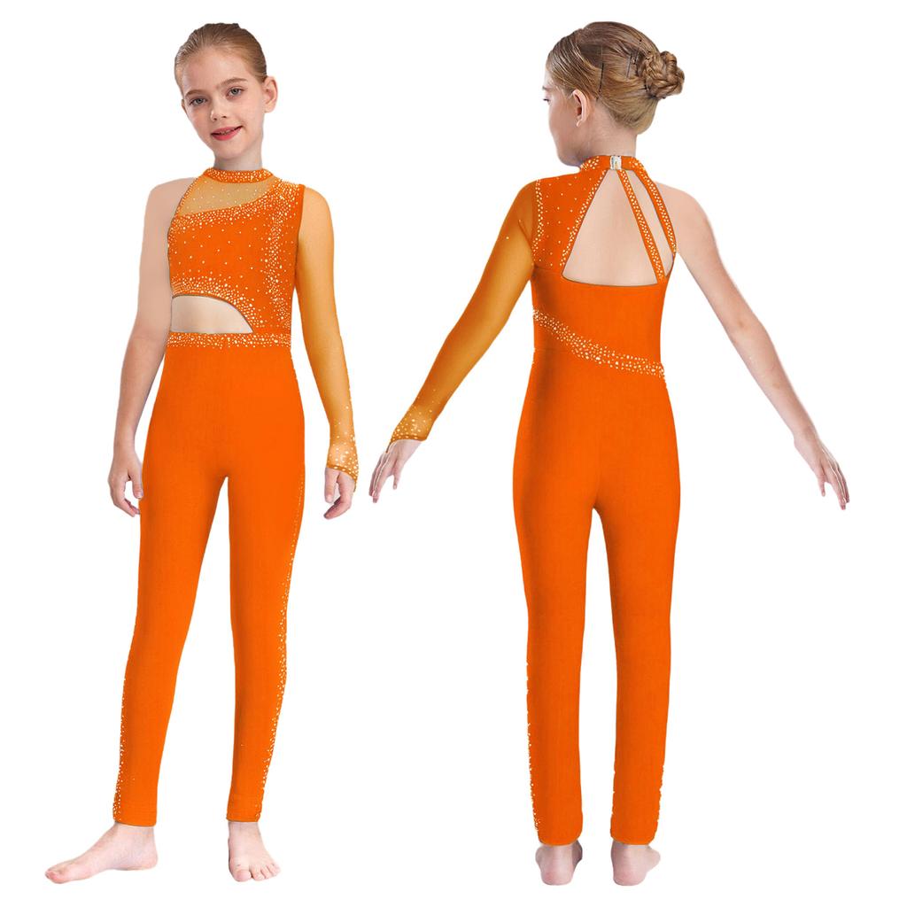 Женский цельный купальник-трико с прозрачными сетчатыми вставками, асимметричный дизайн с вырезами, воротник-стойка, блестящие стразы, костюм для гимнастики и танцев