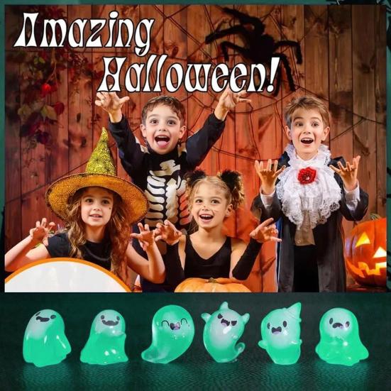 Мини-фигурки привидений на Хэллоуин с коробкой, миниатюрная светящаяся в темноте фигурка привидения, светящаяся маленькая игрушка-привидение для украшения дома и вечеринки