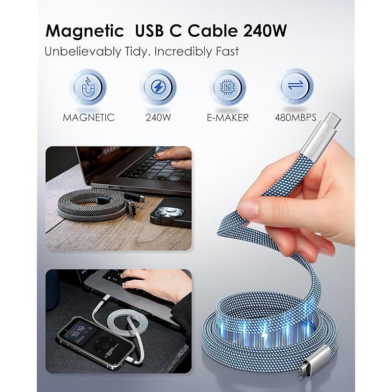 Magtame Type C Cable Flat Flat Magnet Automatic Storage 240W/5A Fast Charging Type-c Cable QC4.0/PD3.1 Compatible Usbc-usbc Cable Metal Connector