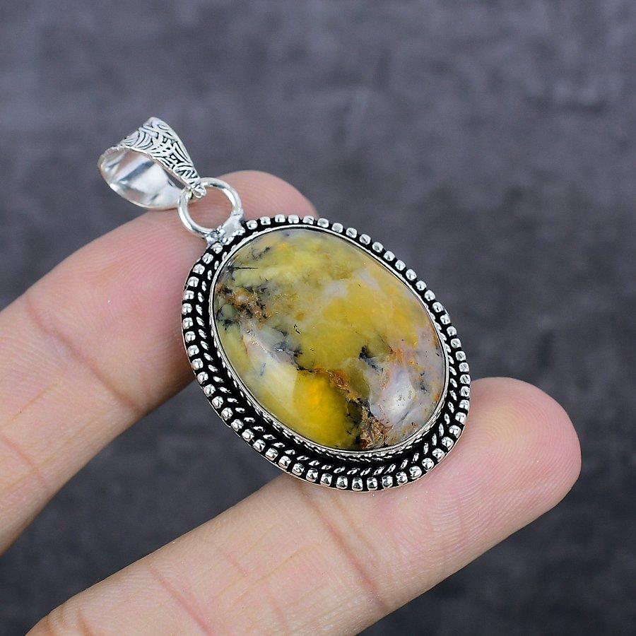 Honey Dendritic Gemstone Handmade 925 Sterling Silver Jewelry Pendant 1.93" w1N48