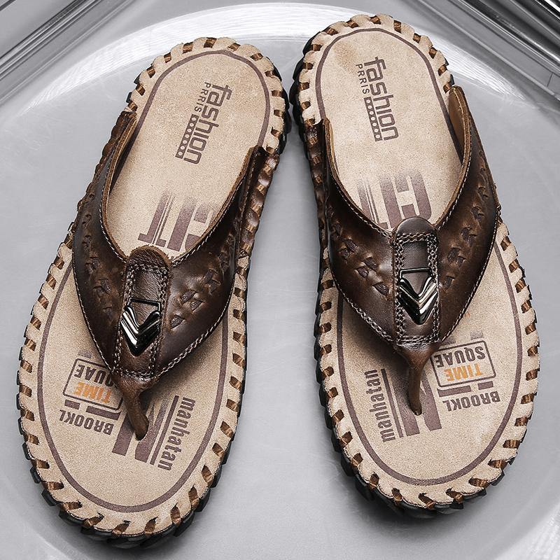 FashionLuxe Handmade Genuine Leather Slippers Men Summer Luxury Mens Flip Flops Outdoor Slippers Breathable Comfortable Male Flip-Flops
