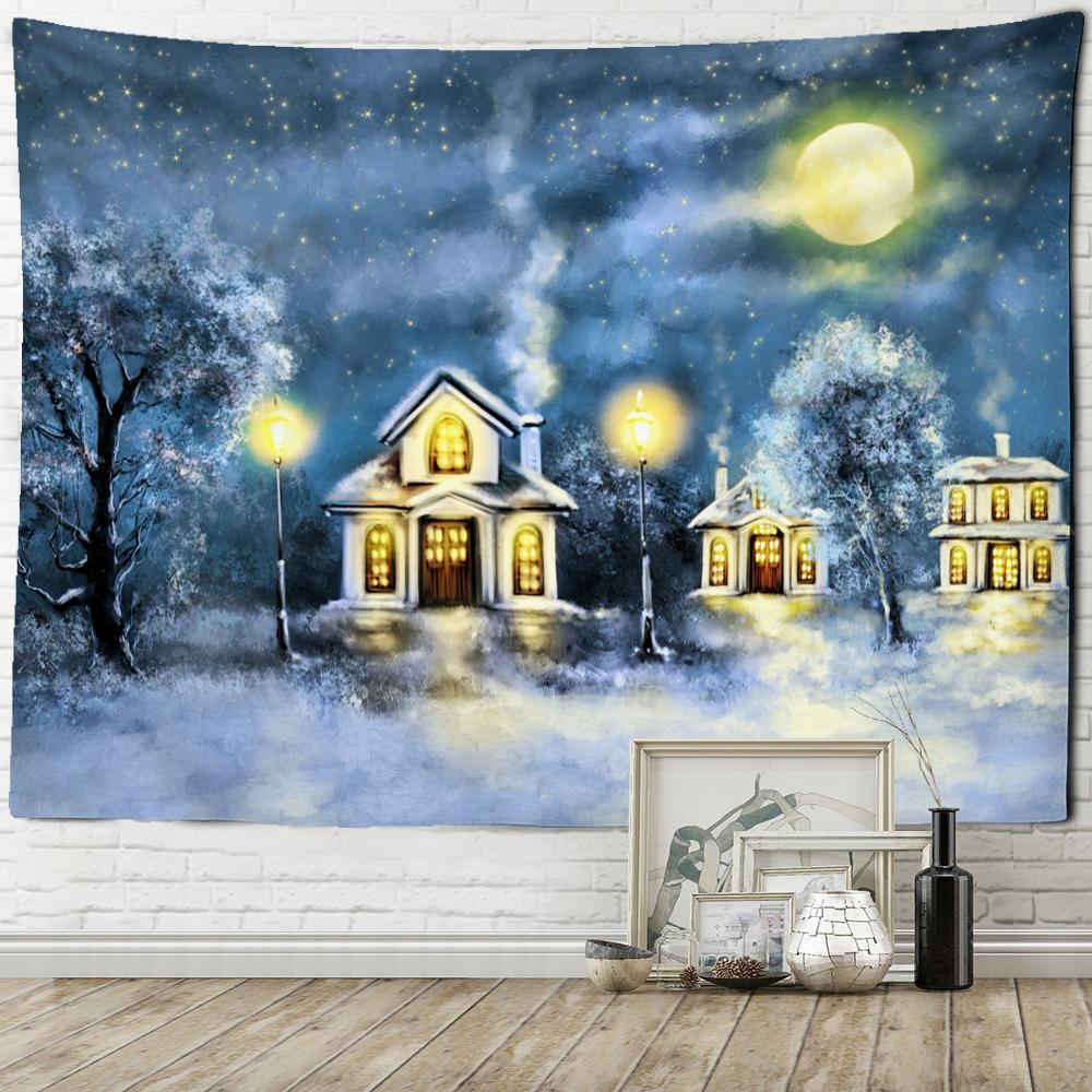 Рождественская елка Снежная сцена картина маслом гобелен настенный богемный стиль хиппи психоделический колдовство комната домашний декор