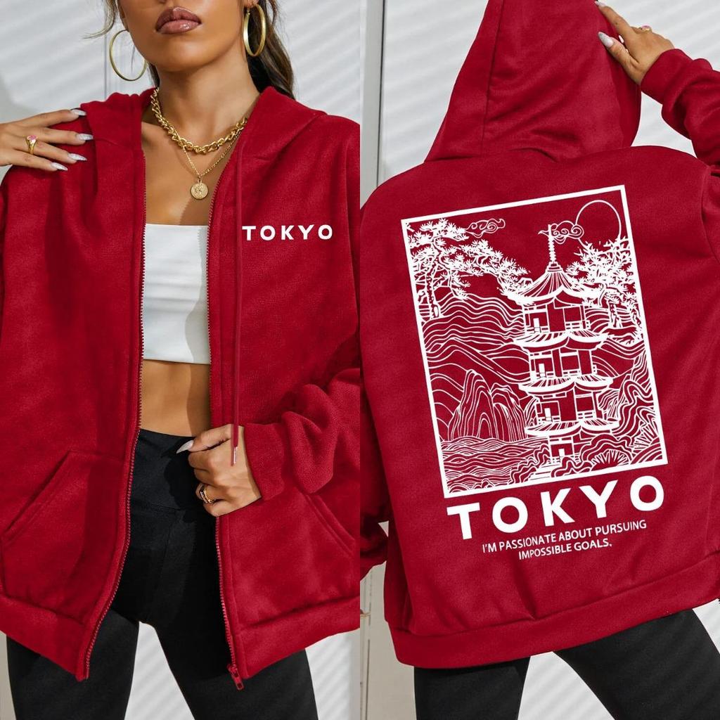 Токио Креативное Здание Дизайн Письма Сакура Женское Худи на Молнии Уличная Одежда Повседневное Свободное Худи Осенний Топ