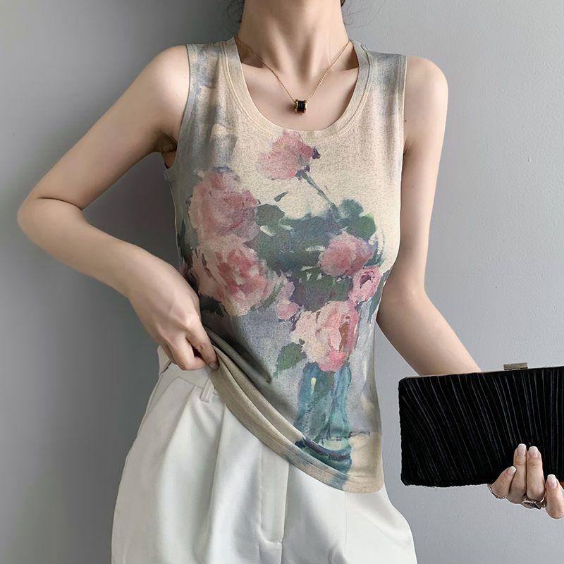 Women's Vest for Summer Wear, Knitted Thread Sleeveless T-shirt, Floral Thin Vest