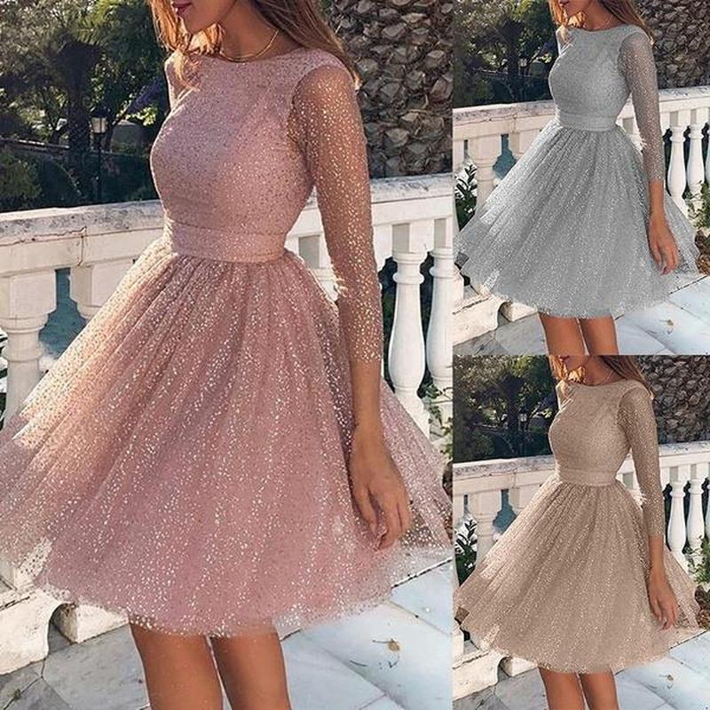 2025 Summer Women's Glitter Sequin Cocktail Dress, Lace High Waist Short Party Dress With Long Sleeves, Sparkling Evening Gown For Formal Events