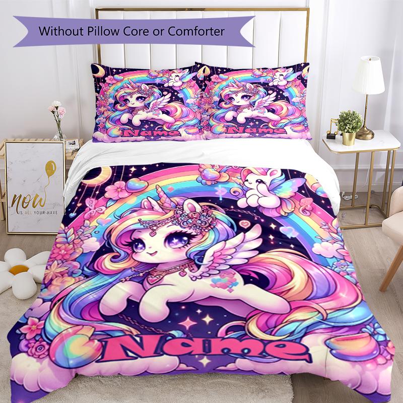 3pcs Custom Name Unicorn Bedding Set Duvet Cover Closure Includes 1 Duvet Cover & 2 Pillowcases, Soft and Comfortable for All Seasons.