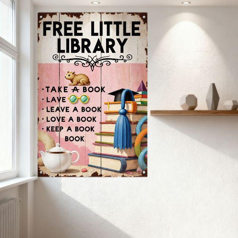 Винтажная металлическая табличка «Бесплатная маленькая библиотека», дизайн «Выветренное дерево и ржавчина», причудливая иллюстрация «Книжный бельчонок», для стены дома, кафе, бара