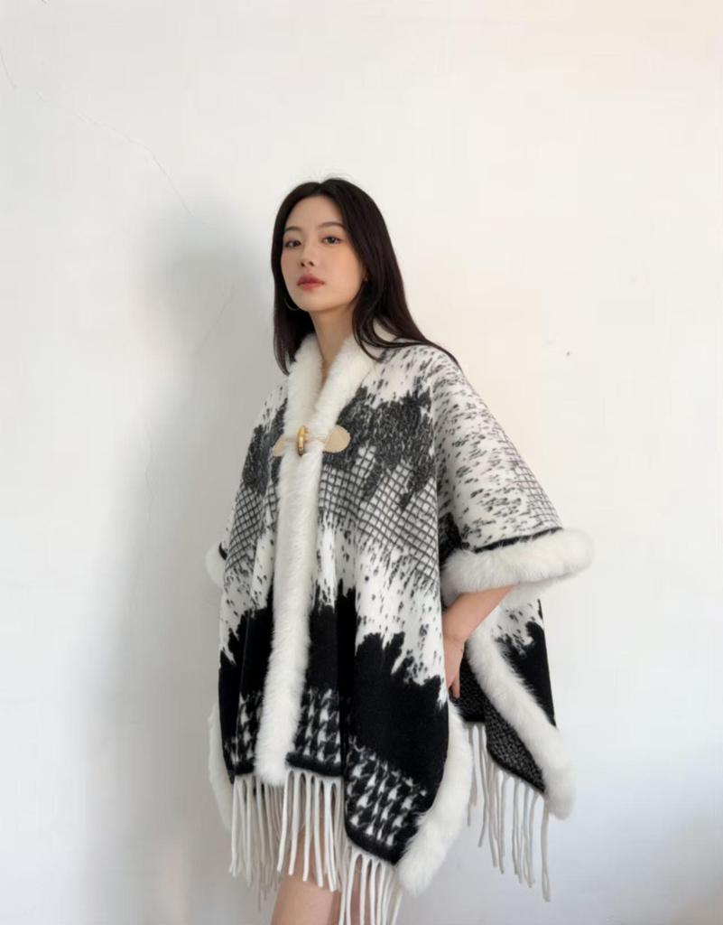 Элегантный женский шаль-накидка с цветочным узором в стиле акварели - Мягкая на ощупь, как кашемир, с бахромой