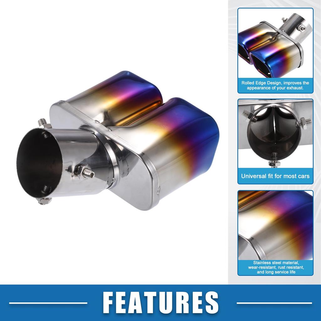 ABSOPRO Car Dual Exhaust End Curved 61mm 60x53mm 170mm Muffler Stainless Blue Frame Tailpipe, Inlet, Outlet, Length, Bolt-On Tip, Steel,
