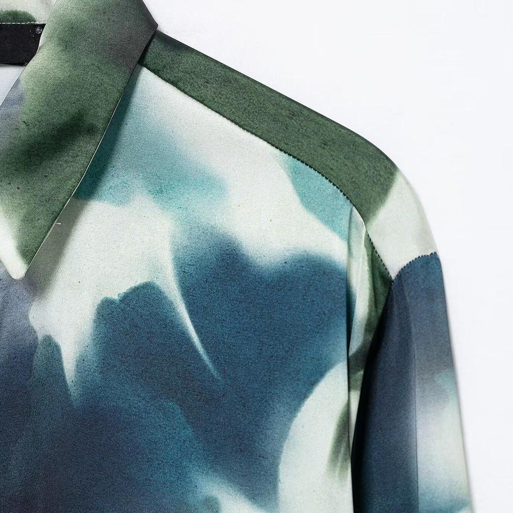 Spring 2025 Women's Fashion Silk Satin Turn-Down Collar Long-Sleeve Printed Shirt