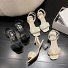 Sandal Girl 2025 Summer New Style Thick Heel Middle Heel Crystal French Fairy Word with Roman Sandals Ins