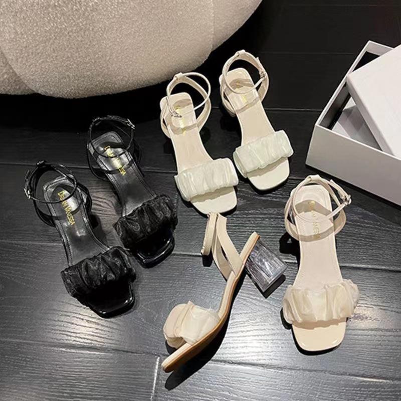 Sandal Girl 2025 Summer New Style Thick Heel Middle Heel Crystal French Fairy Word with Roman Sandals Ins