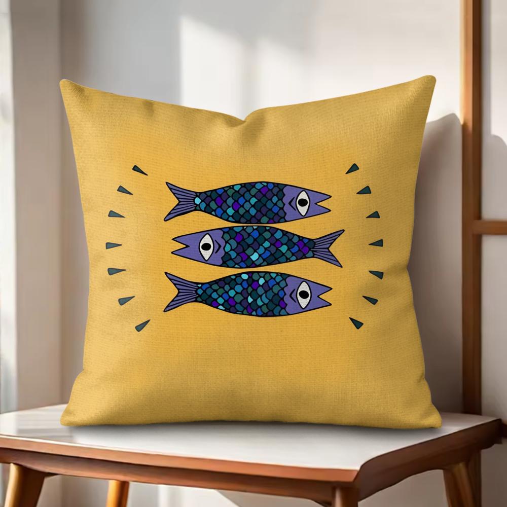 Sardines Art Cushion Cover Natural Linen Organic Fabric DoubleSided Printing Couch Pillow Covers Home Decor