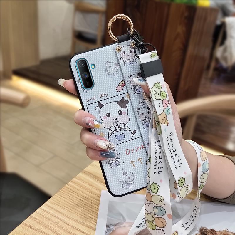Phone Holder Fashion Design Phone Case For OPPO Realme C3/C3i/Narz N10A Wrist Strap Cute Kickstand Anti-knock Silicone