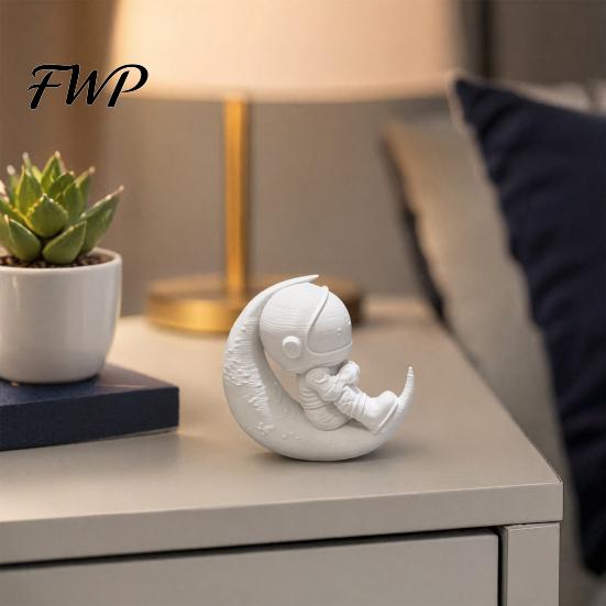Crescent Moon Astronaut Statue 3D Printed Figurine, Sitting on Spaceman Mini Figurine Statue, Desktop Decoration for Home Office Bookshelf