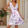 Women's Summer Dress V Neck Sleeveless Casual Floral Print Hem Pleated Dress