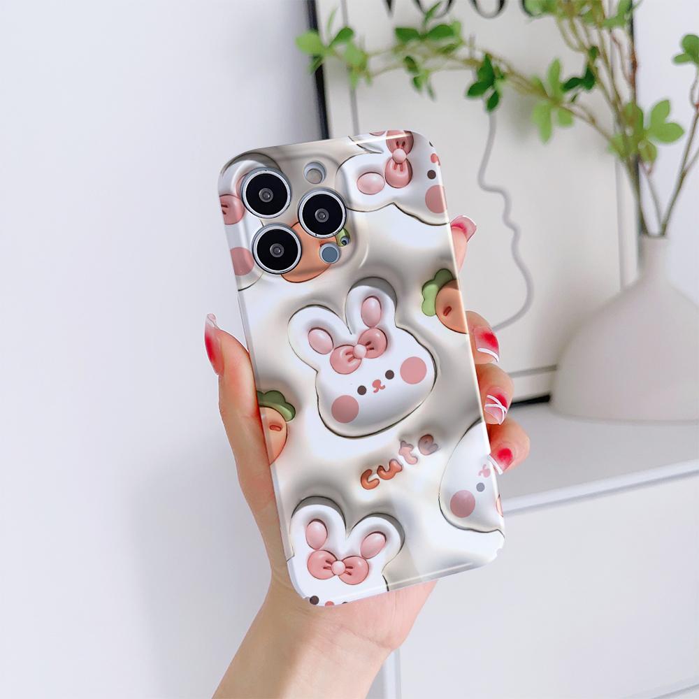 For iPhone 16 Samsung S23 A23 A52 A33 A73 A53 Huawei Xiaomi Redmi OPPO Vivo White Rabbit Design Flowers Design Full Camera Protect Hard Phone Case