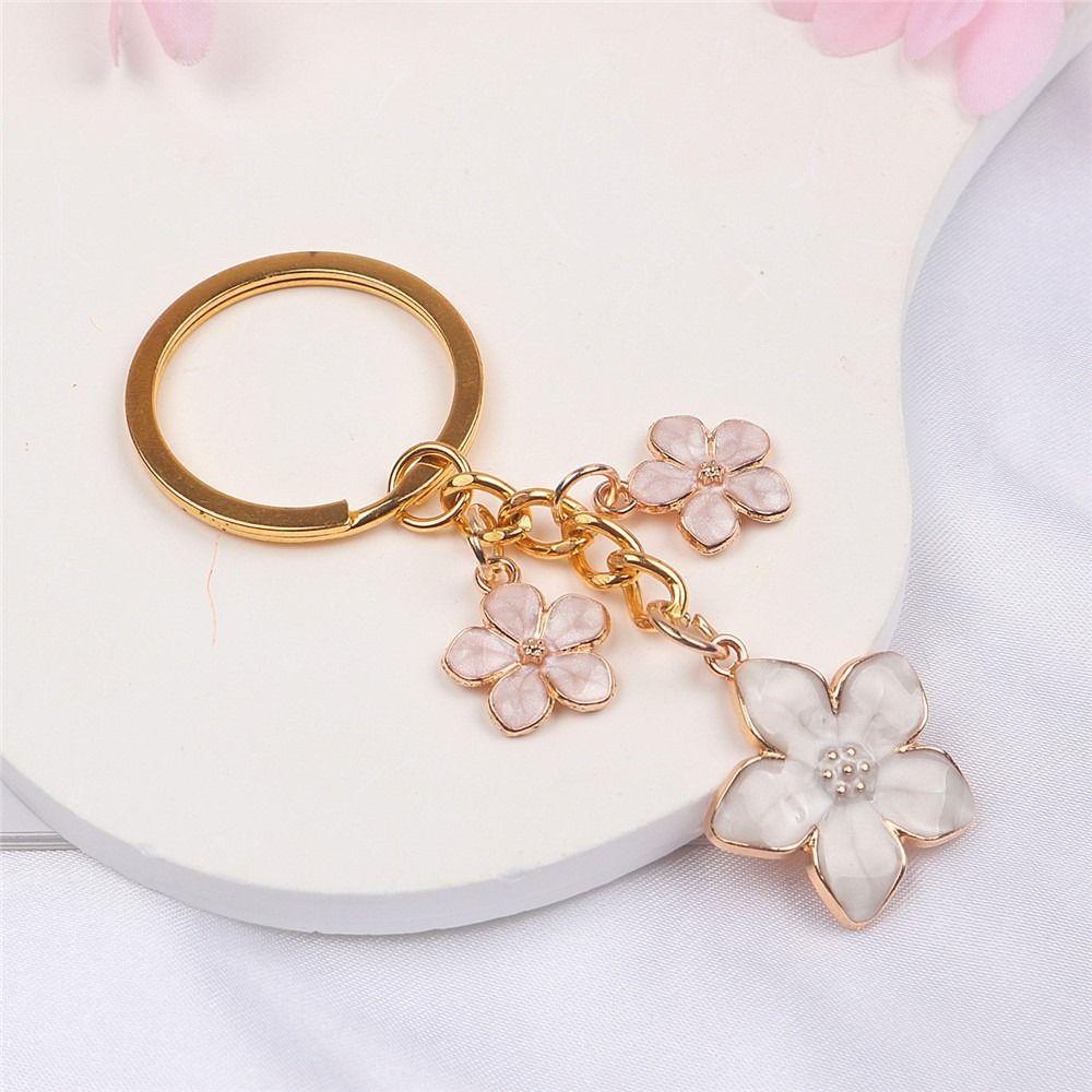 Alloy Cherry Blossom Keychain Enamel Coating Pearl Drop Keyring Lovely Flower Key Holder Daily Use