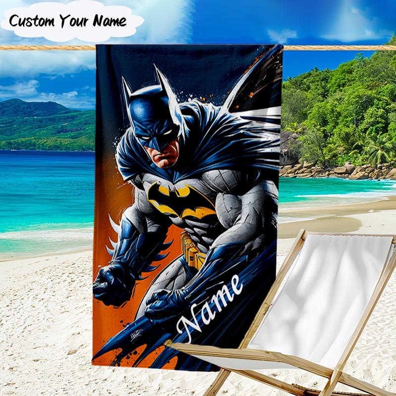 1PC Custom Name Beach Towel Bat City Hero Artwork Beach Towel, Suitable for Camping, Travel, Beach Accessories, Super Absorbent, Family Gift