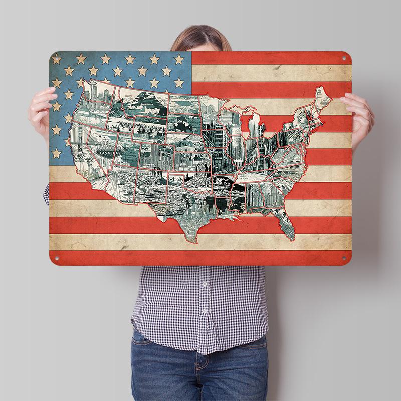 Usa Map Flag Vintage D Texture Printed Poster Custom Vintage Metal Tin Plate Sign for Wall Art Article Decoration Gaming House