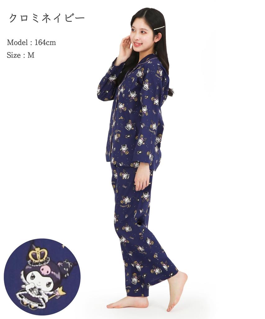 SAZAC Kuromi Shirt Pajamas, 100% Cotton Broadcloth, Women's Long Sleeve and Pants Set, Loungewear (Navy/M/SAN1902)