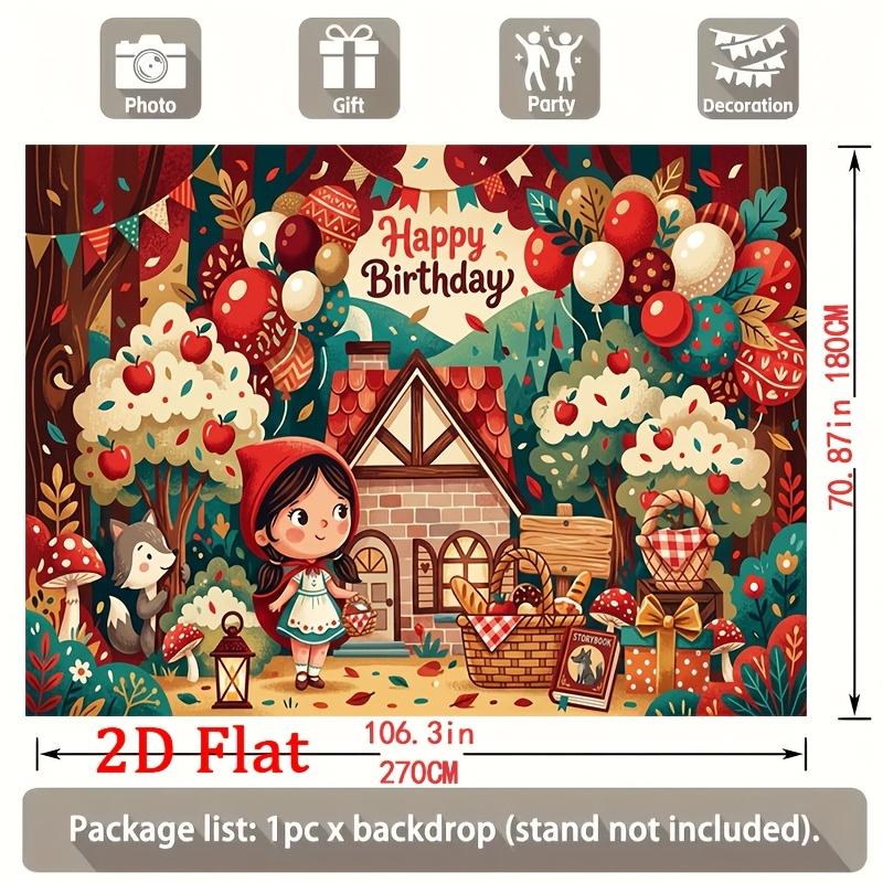 Whimsical Enchanted Forest Cottage Scene with Blooming Apple Trees, Floating Balloons, Picnic Basket and Festive Bunting, Happy Birthday