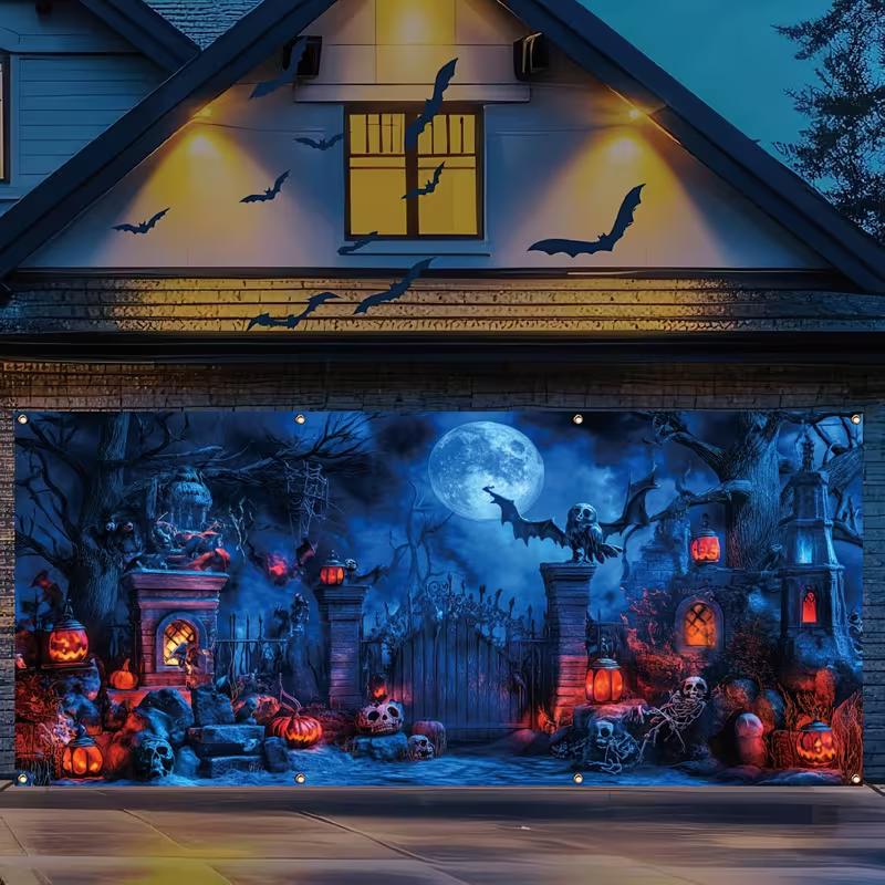 2D Spooky Haunted Graveyard Garage Door Cover Halloween Outdoor Party Decoration