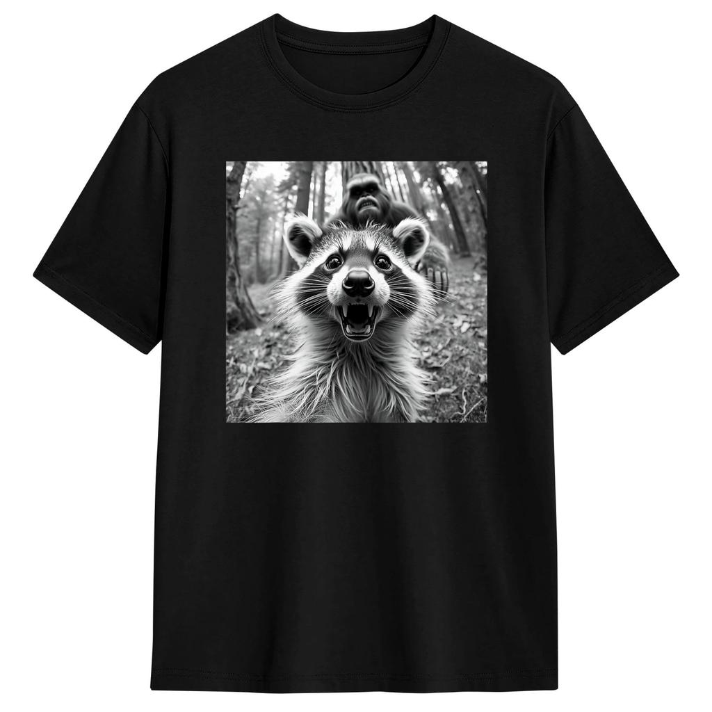 Funny Raccoon Selfie With Bigfoot Tshirt Summer Harajuku Tshirts Cotton O Neck Plus Size Clothing Short Sleeve Awesome Tops