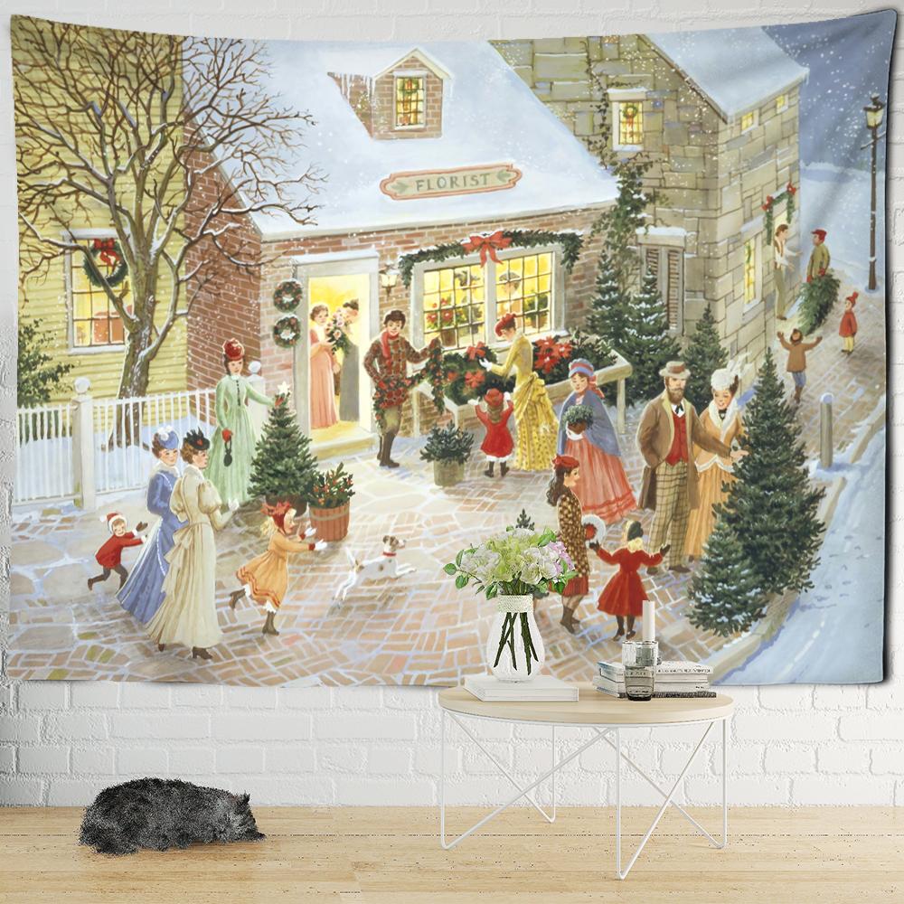 Рождественская снежная ночь, карта путешествий, гобелен, настенный психоделический лесной дом, иллюстрация, домашний декор для гостиной