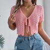 Women Crochet Tops Short Sleeve Lace-up Hollow Design Knitting Tops Sun Protection Summer Vacation Tops