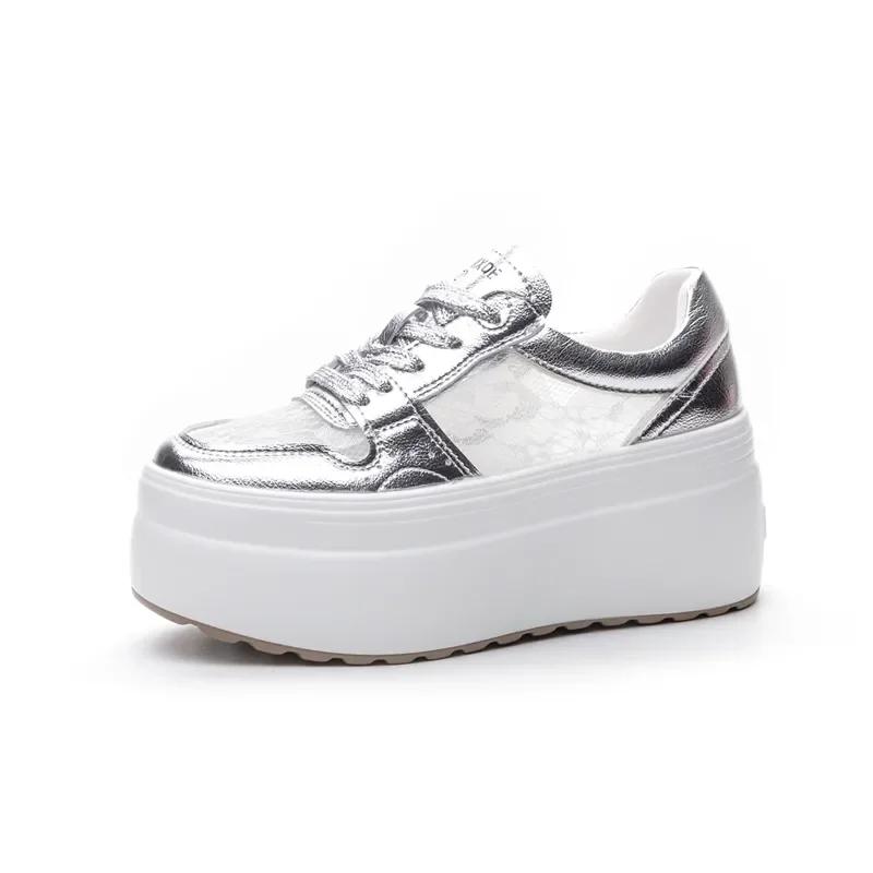 Мода 8см Новые Женские Кружевные Массивные Кроссовки Мода Летние Полые Платформа Танкетка Балетки Удобные Ботильоны Обувь Воздушная Сетка Кожа Натуральная