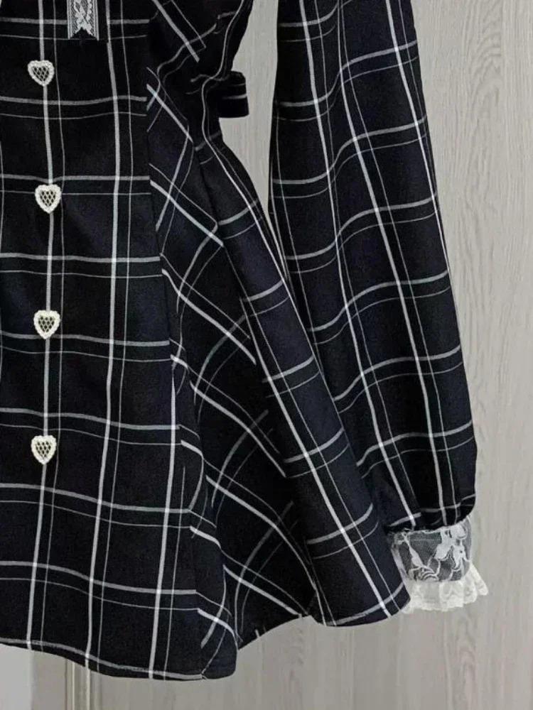 Платья в клетку Harajuku Sweet Bow Black, универсальное облегающее платье в стиле кавайной Лолиты для женщин, осеннее платье с длинными рукавами