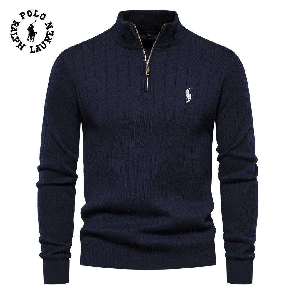 Мужской хлопковый свитер Ralph Lauren с вышивкой, воротником-стойкой, на молнии-поло, однотонный пуловер, высококачественный мужской вязаный свитер