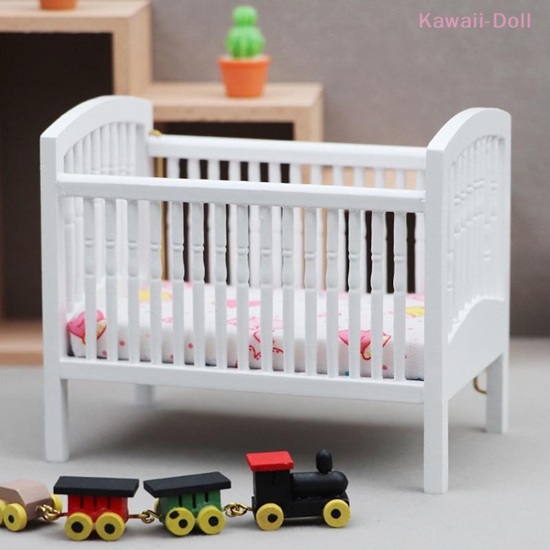 White Miniature Bed Baby Crib Baby Bed Model 1:12 Dollhouse Bedroom Furniture Decor Toy Doll House Accessories
