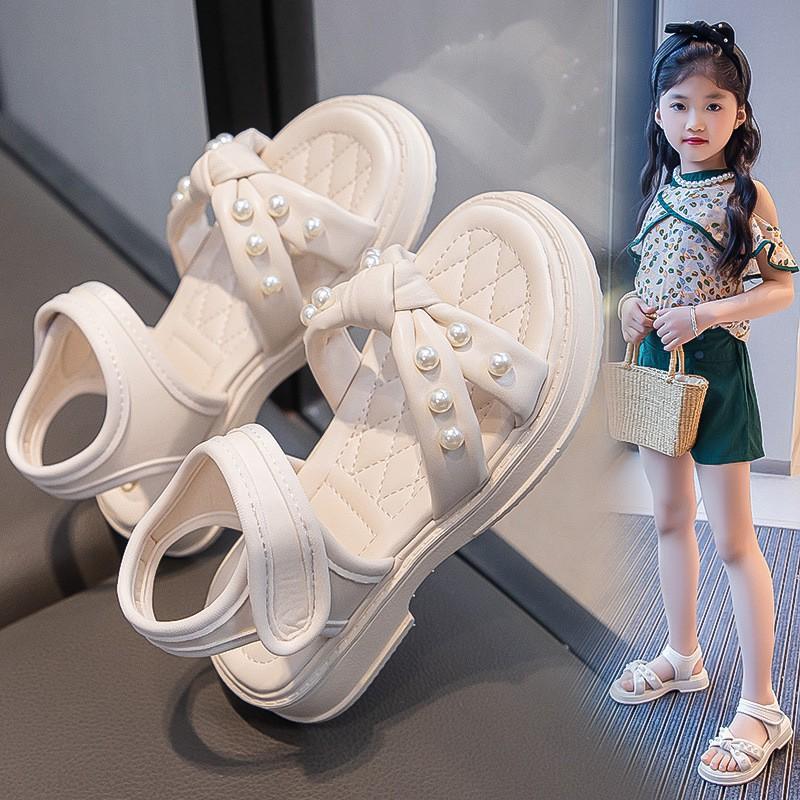 Girls Sandals With Pearl Decorations Soft Sole Princess Style Beach Shoes Toddlers Kids