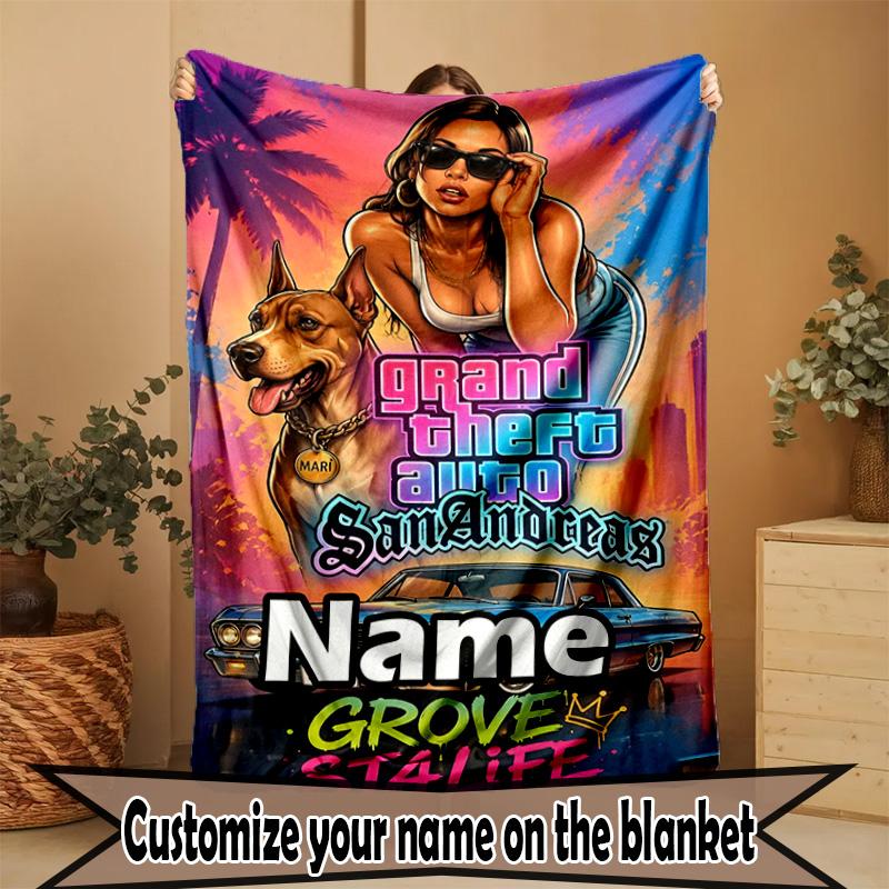 Custom Name Personalized Grand Theft Auto VI Print Blanket, Home Decor, Bedroom, Sofa, Camping, Couch, Gifts for Birthday Christmas