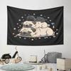 Three sleeping pugs stacked on each other surrounded by cute colorful shapes. Patterned tapestry for bedroom and living room home decor