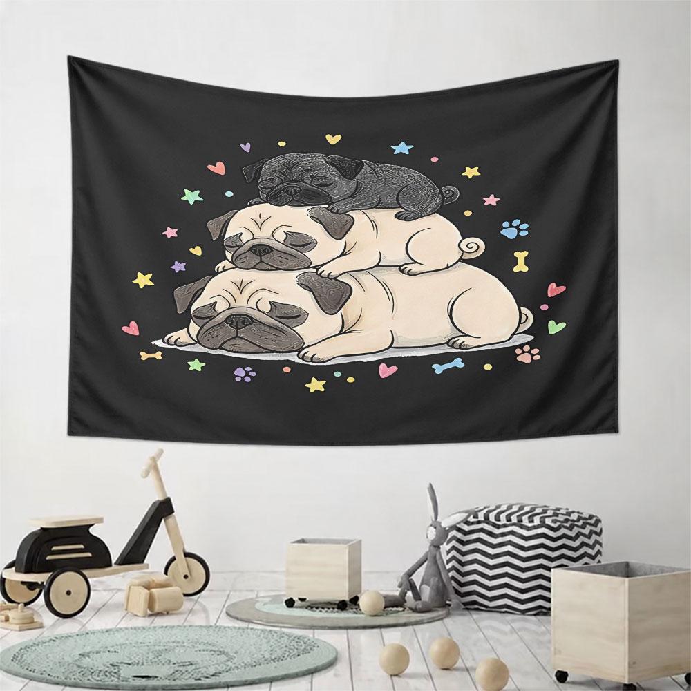 Three sleeping pugs stacked on each other surrounded by cute colorful shapes. Patterned tapestry for bedroom and living room home decor