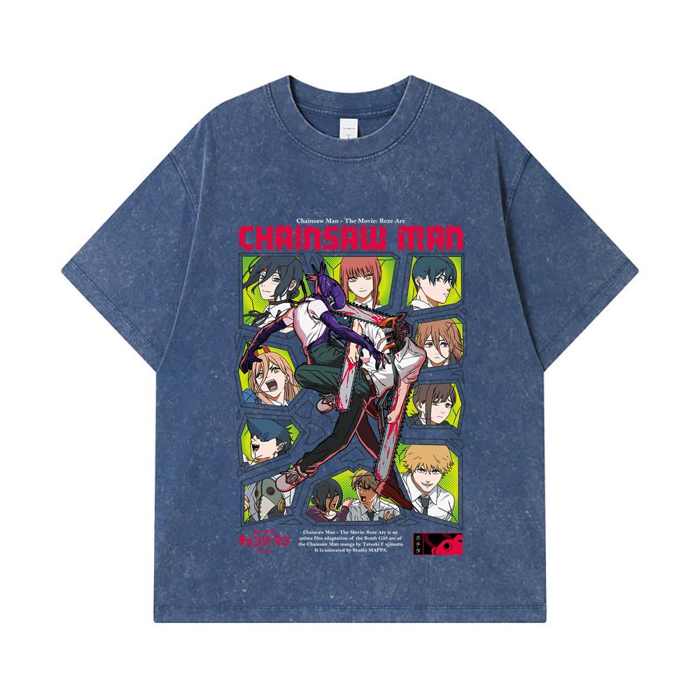 275 GSM Washed T-shirts 100% Cotton Chainsaw Man V17 Reze Arc Print Unisex Heavy Cotton T Shirt