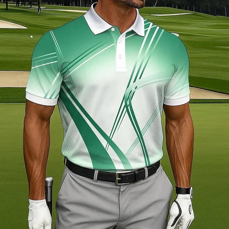 Stylish geometric line pattern short-sleeve polo shirt with pocket, casual and trendy.