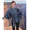 Ретро-топ из денима в стиле легкой роскоши с поясом на талии и рукавами-фонариками
