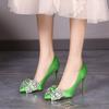 Модные туфли для вечеринок с бантом и кристаллами, женские туфли без шнуровки на шпильке, зеленые туфли-лодочки, женские пикантные шелковые туфли на высоком каблуке с острым носком