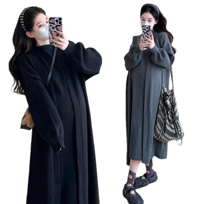 Maternity Dress Set Fall Winter Knit Vest 2pcs Trendy Moms Lazy Style