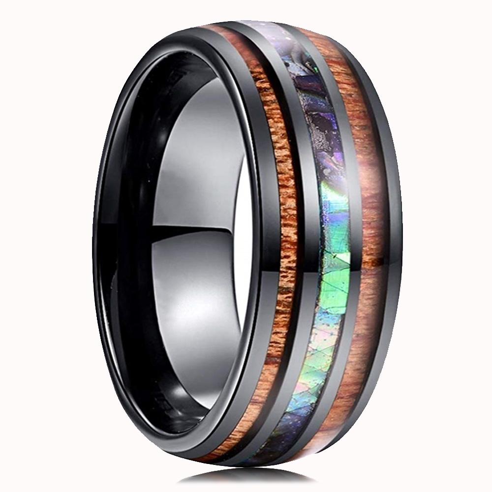Trendy 8mm Black Tungsten Wedding Stainless Steel Rings For Men Inlay Colorful Abalone Shell Ring Men Wedding Band Jewelry